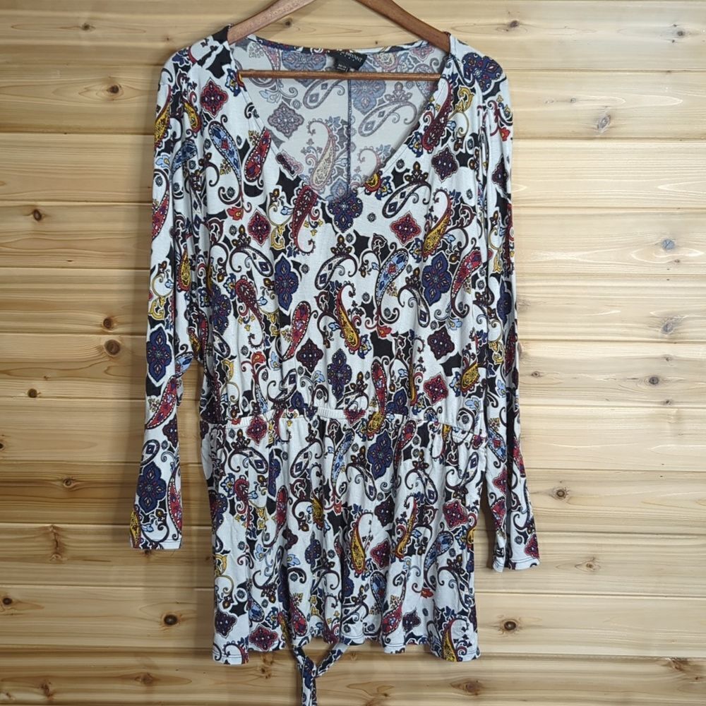 Lane Bryant Womens Top‎ 22/24 Multicolor Paisley Print Blouse Tie Waist